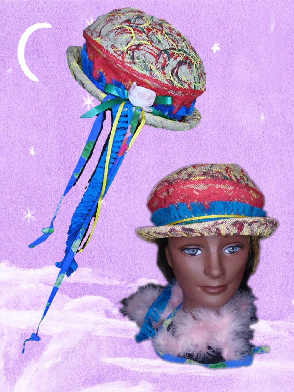 Summer Straw Cloche Hat OOAK Multicolor Painted Edgy Unique Wearable Art